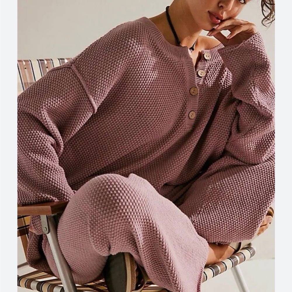 Free Peopl Hailee Sweater Set Waffle Knit  XS Cozy Henley Wide Leg Pant Beach - Picture 3 of 11
